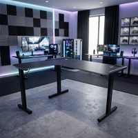 Bureau de jeu ergonomique en forme de L avec éclairage RGB, design moderne, plateau en MDF, pieds en tube d'acier, porte-gobelet et crochet pour casque