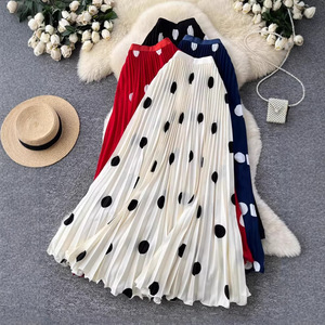 Gonna a pieghe a <span class=keywords><strong>pois</strong></span> grandi retrò, dolce, da donna, midi, primaverile, nuovo arrivo, a vita alta, linea ad A, lunga, antipiega - Product Image 1