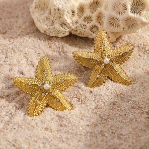 Pendientes de Estrella de Mar con Incrustaciones de Diamantes de Imitación, Chapados en Oro de 18K, Joyería de Moda con Temática Oceánica - Product Image 2