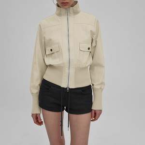 Veste chemise courte kaki tendance pour femme, col à revers, fermeture éclair, haut décontracté, poches, chic, manches longues, shacket, tenue de bureau - Product Image 1