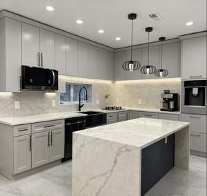 Light <b>Grey</b> Solid Wood Kitchen <b>Cabinets</b> Ready to Assemble with Marble Countertop Central Island Built-in Microwave Storage - Product Image 1