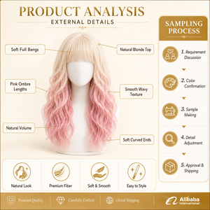 <span class=keywords><strong>Parrucca</strong></span> in Fibra Sintetica <span class=keywords><strong>Rosa</strong></span> Resistente al Calore, <span class=keywords><strong>Lunga</strong></span> e Ondulata, con Frangia, Effetto Naturale, Senza Colla, Vendita all'Ingrosso OEM - Product Image 3
