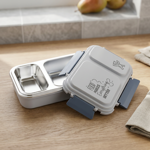 Boîte à lunch en acier inoxydable à 2 compartiments, rectangulaire, avec couvercle en plastique portable, design détachable, anti-fuite, conteneur alimentaire pour enfants - Product Image 4