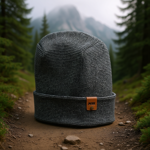 Bonnet à revers Theta Stitch gris et noir, tricoté, unisexe, pour l'hiver, la randonnée en plein air, fabriqué aux États-Unis, design sous demande de brevet - Product Image 2