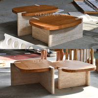 Table gigogne en pierre beige de style italien de luxe, table basse moderne en bois massif de travertin beige, vente en gros OEM ODM pour salon