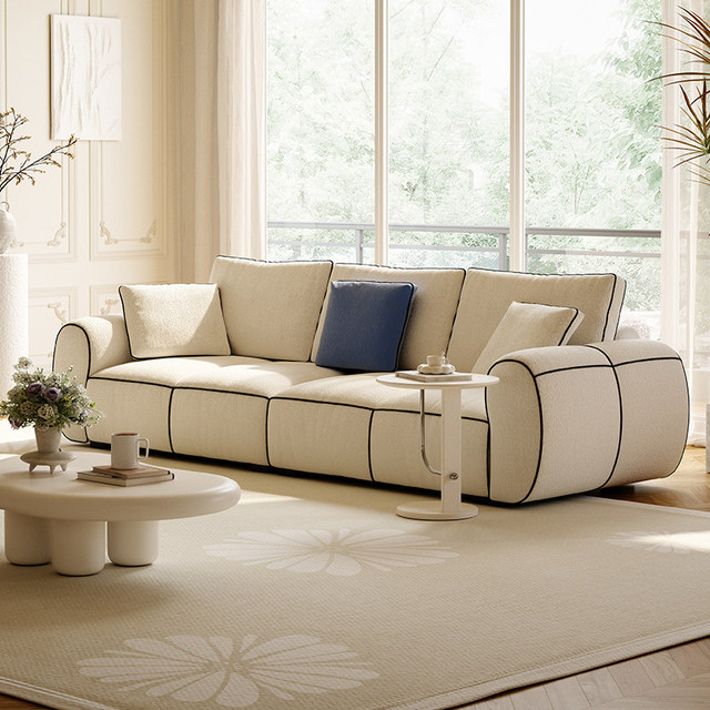 French Cream Style Shantung Cloud Sofa, Small Apartment Designer Model, Living Room Reception Room Straight Three-seater Sofa