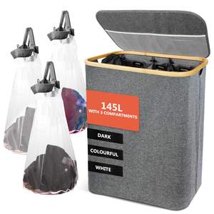 Cesto para Ropa Sucia de 3 Secciones con Tapa, Cesto Plegable de 145L con Bolsas de Lavado Extraíbles, Organizador de Cesto para Ropa Sucia de Bambú - Product Image 1