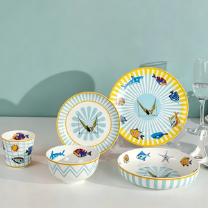 6PCS Sea Fish Themed Fresh & Playful Ceramic Dinnerware <b>Set</b> - Product Image 1