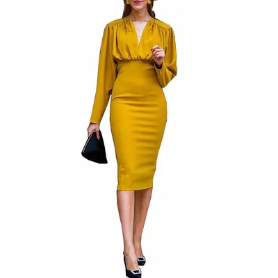 Women's Elegant Casual Dresses Yellow long-sleeved evening dress sexy dress in autumn and winter