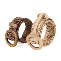 Ceinture extensible tressée en cuir PU vintage avec boucle ronde en bois pour femme