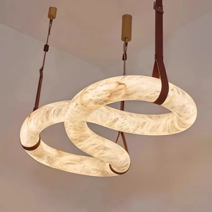 JYLIGHTING Lustre de luxe pour hall d'entrée en albâtre espagnol, sur mesure, avec boucles circulaires entrelacées en infini et bande de cuir beige - Product Image 1