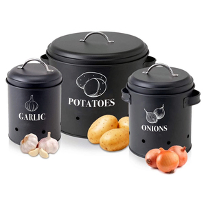 Custom Retro Farmhouse Stylish 3 Pack Potato Onion Garlic Vegetable Metal Kitchen Food Storage Canister Set Box Bin Container