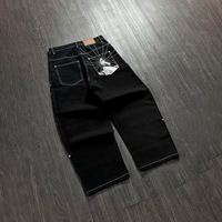 Celana Denim Kancing Katak Cina Unisex Custom, Jahitan Kontras, Model Baggy Wide Leg, Streetwear Vintage, Longgar, Hip Hop, Model Lengkung