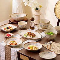 Ensemble de vaisselle en céramique 2026, style vintage simple, frais et mignon, avec motifs végétaux sous glaçure, compatible lave-vaisselle et micro-ondes, comprenant bols et assiettes