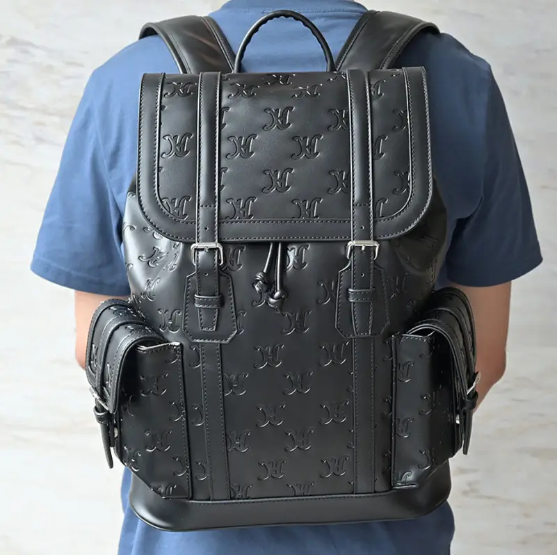 custom debossed pattern vegan PU faux leather fashion black mens business laptop travel bag backpacks for work