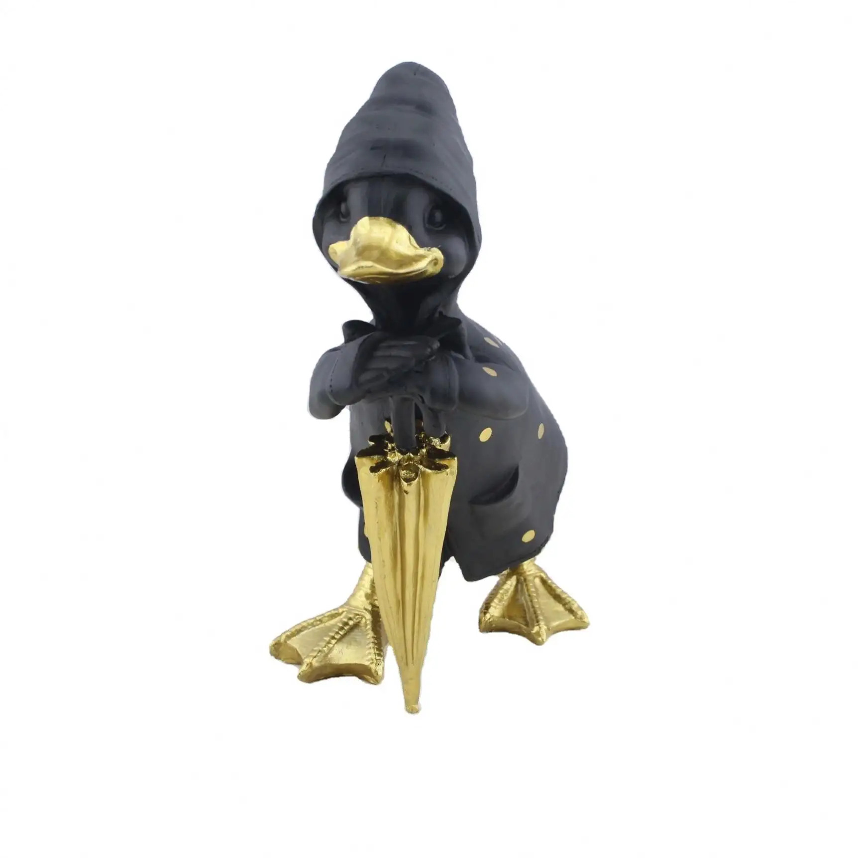 Résine Artisanat Canard Noir avec Or promenades avec un parapluie Maison Sculpture Animal Figurine Kawaii En Gros Décoration De Jardin