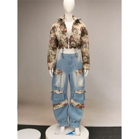 Nouvelle mode automne hiver patchwork assorti veste à fleurs cargo denim jeans 2 deux pièces costume haut et pantalon ensembles en jean pour femmes