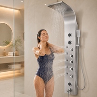 Panneau de douche thermostatique en acier inoxydable brossé avec pommeau pluie, jets latéraux et douchette à main pour salle de bain d'hôtel de luxe