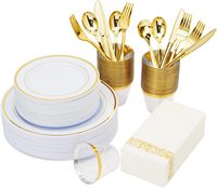 Service de vaisselle jetable doré 175 pièces pour fête, 25 invités : 25 assiettes en plastique dorées, 25 assiettes à dessert et couverts