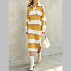 Nuovi Arrivi: Abito Midi in Maglia da Donna a Righe Colorate con Colletto, Maniche Lunghe e Spacco Laterale, Collezione Autunno 2026 - Product Image 5