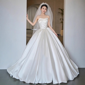 Strapless Satin Wedding Dress Natural Waistline Vintage Bridal Gown For Petite Brides - Product Image 2