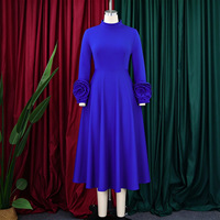 Robe midi élégante pour femme à col montant et manches longues, avec poignets à fleurs 3D, jupe évasée, couleur unie, grande taille, pour soirée formelle ou église