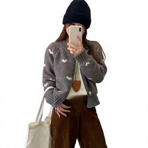 Cardigan coréen style 2026 Automne/Hiver, nouveau, en maille épaisse, zippé, à manches raglan, col halter, dentelle, <span class=keywords><strong>mohair</strong></span>, doux, col rond, motif cœur - Product Image 1