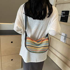 Oem Odm Custom Rainbow Stripe <b>Straw</b> Crossbody Woven <b>Straw</b> Crescent Hobo Beach <b>Straw</b> Shoulder <b>Bag</b> Women Sling Purse Handbag - Product Image 5