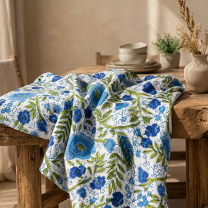 Tissu Popeline Florale 100% Coton, Largeur 53/54 pouces, Blanc Bleu Vert, Imprimé au Bloc à la Main, Tissé, Respirant, Peigné, Poids Moyen, Pour la Maison - Product Image 5
