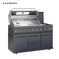 Barbecue à gaz durable en acier inoxydable à 8 brûleurs avec chariot pour les grandes cuisines extérieures modernes et les fêtes, idéal pour fumer
