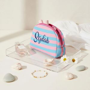 Personalized Polyester Casual <b>Makeup</b> Bag Girls <b>Teens</b> Custom Name Embroidered Striped Cosmetic Organizer Pastel Travel Pouch - Product Image 1