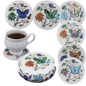 Round <b>Marble</b> Tea Coffee Coaster <b>Set</b> with Beautiful Art Handcrafted Semi Precious Stone Inlay Decorative Coaster & <b>Set</b> of 6 Pcs - Product Image 3
