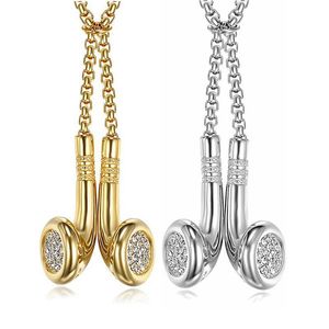 Stainless Steel Earphone Pendant <b>Necklace</b> Gold Silver Rhinestone Pave Setting Unisex <b>Couple</b> Gift Jewelry 2mm 70cm Chain - Product Image 1
