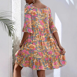 Robe trapèze en satin et mousseline de soie pour femme, collection été 2026, style bohème, imprimée, à manches mi-longues, col en V, ample et confortable, idéale pour les loisirs et les vacances - Product Image 2