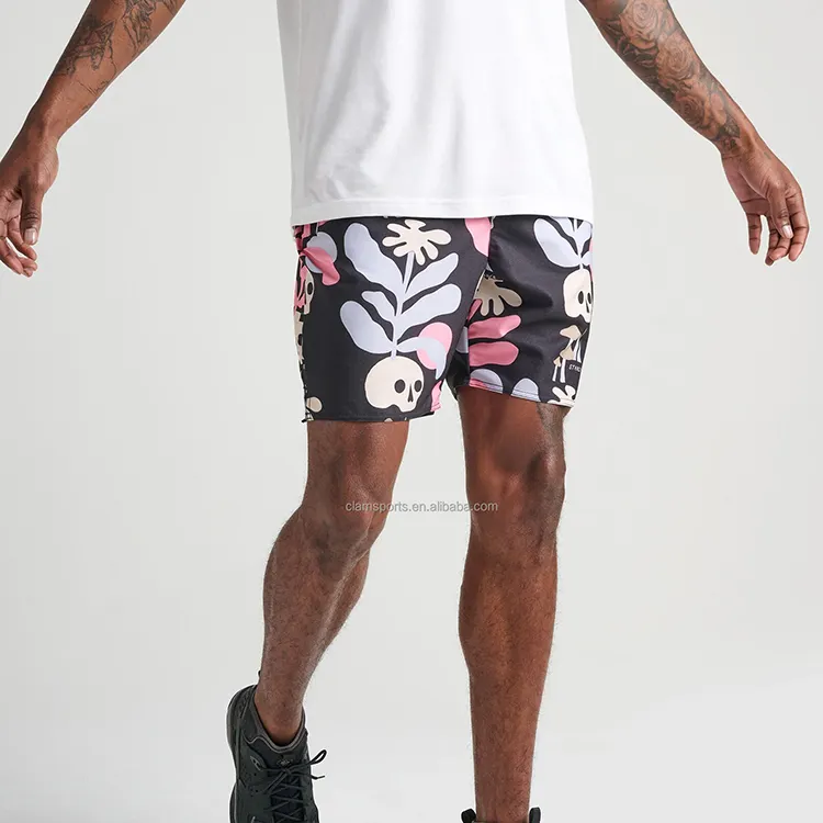 Muestras gratuitas personalizadas Diseño Floral Dos bolsillos laterales profundos Hem Malla básica Boys Board Shorts