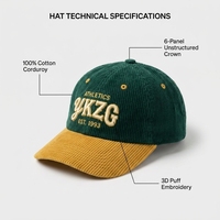 Casquette de baseball YKZG style vintage en velours côtelé, contrastant vert-jaune, broderie 3D en relief, casquette de sport personnalisée, Gorras