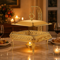 Réchaud alimentaire carré décoratif en acier inoxydable FLEY avec plat de service en verre, brûleur à alcool et support surélevé pour buffets de restaurant
