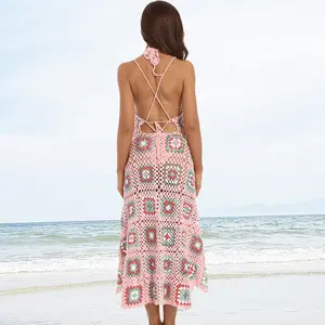 Vestido maxi de crochê feminino longo feito à mão sem costas boêmio moda verão sexy para praia