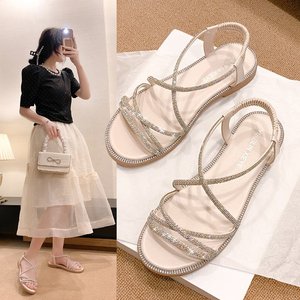 Japanese and Korean new fairy style plus size rhinestone <b>flat</b> sandals for women with open toe elastic band sandals - Product Image 3