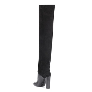 Botas Altas de Mujer Talla Grande 46, de Cuero y Gamuza con Parches, Tacón Cuadrado, Punta Puntiaguda, Botines Largos - Product Image 2