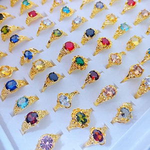 Gold Plated Alloy Gemstone Rings Oval Cubic Zirconia Prong Setting Classic Unisex Daily Wear <b>Gift</b> Jewelry - Product Image 1