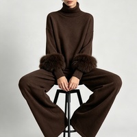Ensemble deux pièces en laine tricotée pour femme Tyan, tenue d'hiver avec col montant et revers en fourrure de renard, pull et pantalon amples, survêtement