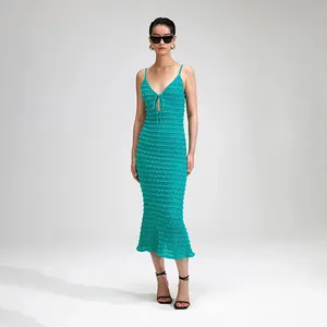 Summer Wholesale Green Beaded Strappy Knit Midi Dress Sleeveless Elegant Sexy Casual Dress