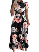 Vestidos Maxi de Verano de Gasa con Estampado Floral, Impresión Digital, Manga Larga, Cuello Redondo, Cintura Alta, Corte Holgado, Lavables para Mujer