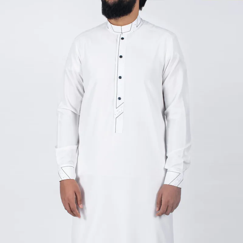 Custom embroidery 2024 new design islamic clothing jubbah men's omani thobe button up cotton muslim white robe thobe for men