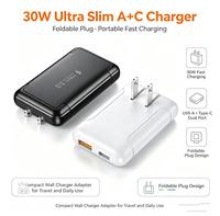 Adaptateur secteur de voyage portable HNT 1,6 cm ultra-plat 30W double USB A + Type C, chargeur rapide avec prise pliable pour iPhone