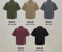 Polo en tricot gaufré teint à la cire 325G avec fermeture éclair, t-shirt vintage délavé et vieilli à manches courtes pour homme