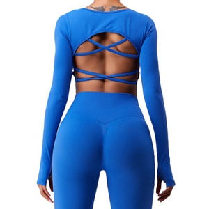 Women's <b>High</b> Waist Yoga Tank <b>Top</b> Fixed Chest Pads Hollow Backless Breathable Long Sleeve Eco-Friendly Reversible Plus Size Cross - Product Image 4