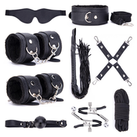 Kit de 10 Pièces de Contraintes BDSM : Bandeaux pour les Yeux, Menottes, Liens de Cheville, Bouche-balle, Collier, Fouet, Pinces à Tétons, Bâton, Sangle de Hogtie