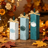 3 décorations en bois de citrouille bleues vieillies, design colonne verticale pour la décoration de fête de Thanksgiving